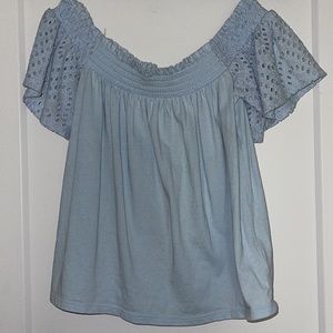 express off the shoulder blue cotton top with crochet like short sleeves